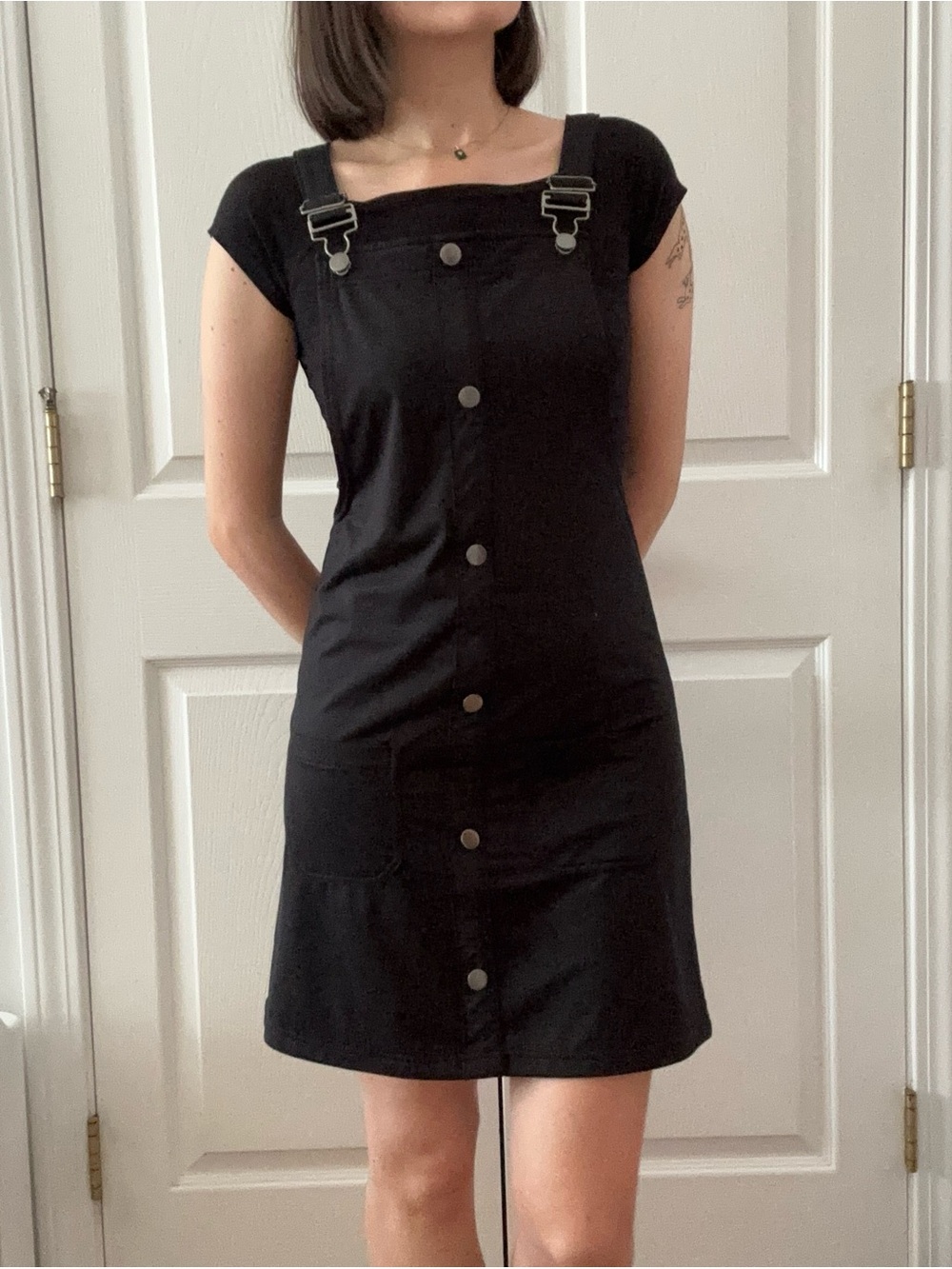Black Pinafore Mini Dress With Silver Hardware and Button Detail